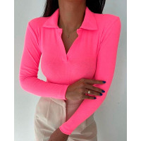 Plain Long Sleeve Ribbed Top - Neon