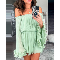 Plain Off Shoulder Ruched Bell Sleeve Casual Dress - light green