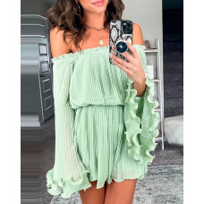 Plain Off Shoulder Ruched Bell Sleeve Casual Dress - light green