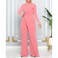 Plain Patchwork Long Sleeve Jumpsuit - pink