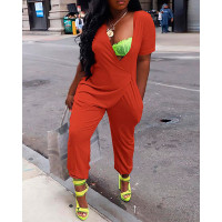 Plain Pocket Design Deep V-Neck Jumpsuit - orange