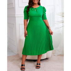 Plain Puff Sleeve Pleated Casual Dress - green