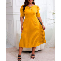 Plain Puff Sleeve Pleated Casual Dress - yellow