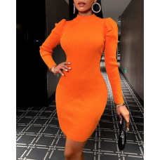 Plain Puffed Sleeve Knit Bodycon Dress - orange