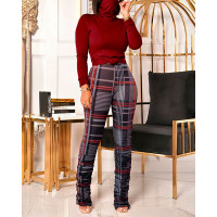 Plain Ribbed High Neck Top & Plaid Print Ruched Pants Set - red