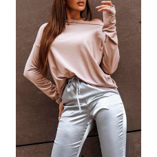 Plain Round Neck Long Sleeve Top - khaki