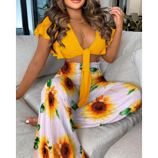 Plain Ruffles Tie Front Top & Sunflower Print Pants Set - yellow