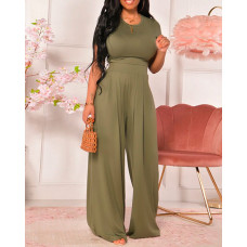 Plain Short Sleeve Crop Top & Wide Leg Pants Set - green