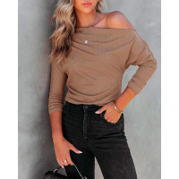 Plain Skew Neck Long Sleeve Top - khaki