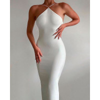 Plain Sleeveless Halter Bodycon Dress - white