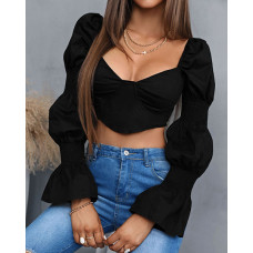 Plain Smocked Trumpet Sleeve Crop Top - black