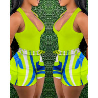 Plain Tank Top & Colorblock Drawstring Shorts Set - green