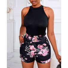 Plain Tank Top & Floral Print Shorts Set With Belt - black