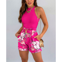 Plain Tank Top & Floral Print Shorts Set With Belt - hot pink