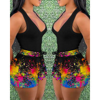 Plain Tank Top & Ink Splash Print Shorts Set - black