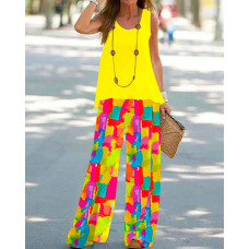 Plain Tank Top & Melting Colors All Over Print Wide Leg Pants Set - yellow