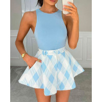 Plain Tank Top & Plaid Casual Skirt Set - blue