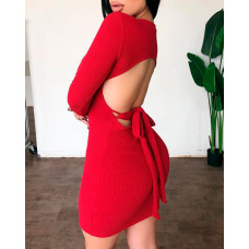 Plain Tie Detail Cutout Backless Bodycon Dress - red