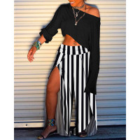 Plain Top & Striped Print Slit Pant Sets - black