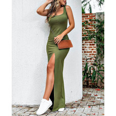 Plain U-Neck Sleeveless Maxi Dress - Army green