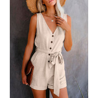 Plain V Neck Button Design Sleeveless Romper With Belt - Apricot