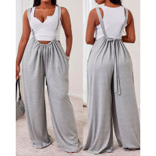 Plain Wide Leg Suspender Jumpsuit - gray