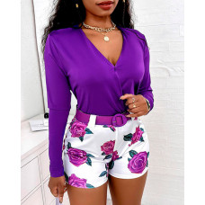 Plain Wrap Top & Floral Print Shorts Set - purple