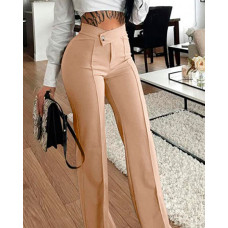 Plain Zip Fly High Waist Work Pants - khaki