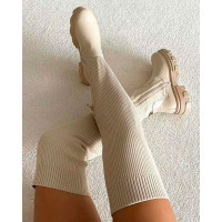 Plain Zipper Decor Knit Knee High Boots - Apricot