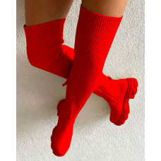 Plain Zipper Decor Knit Knee High Boots - red