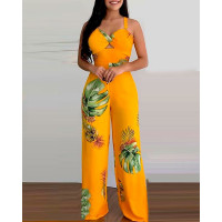 Plant Print Cutout Straight Jumpsuit - yellow