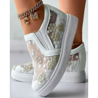 Plants Embroidery Hidden Wedge Sneakers - beige