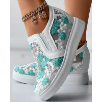 Plants Embroidery Hidden Wedge Sneakers - white&green