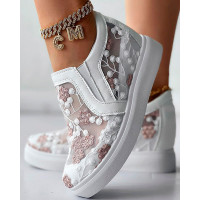 Plants Embroidery Hidden Wedge Sneakers - white&pink