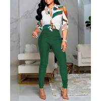 Plants Pattern Print Button Down Shirt & High Waist Pants Set - green