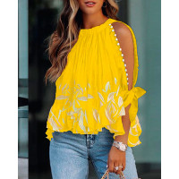 Plants Print Beaded Decor Split Sleeve Top - yellow