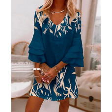 Plants Print Bell Sleeve Casual Dress - blue