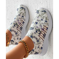 Plants Print Breathable Slip-On Casual Sneakers - white&purple