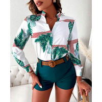 Plants Print Button Down Shirt & Shorts Set - green