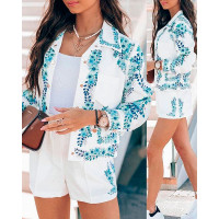 Plants Print Button Front Coat & Shorts Set - blue