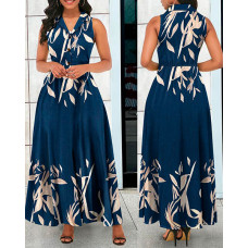 Plants Print Buttoned Sleeveless Maxi Dress - dark blue