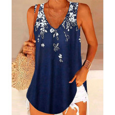 Plants Print Casual Tank Top - purplish blue