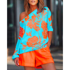 Plants Print Casual Top & Shorts Set - blue