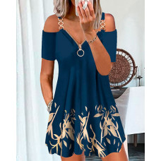 Plants Print Chain Decor Cold Shoulder Swing Dress - purplish blue