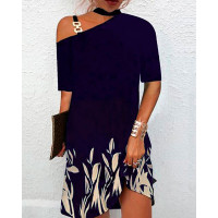 Plants Print Chain Strap Cold Shoulder Casual Dress - blue