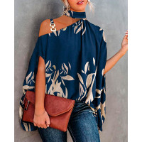 Plants Print Chain Strap Cold Shoulder Top - blue