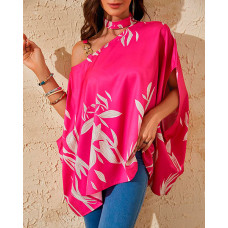 Plants Print Chain Strap Cold Shoulder Top - hot pink