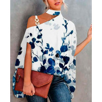 Plants Print Chain Strap Cold Shoulder Top - white