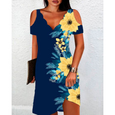 Plants Print Cold Shoulder Casual Dress - blue