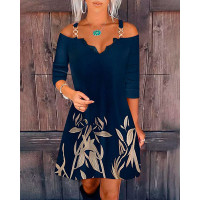 Plants Print Cold Shoulder Casual Dress - dark blue